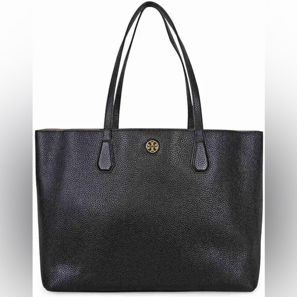 Tory Burch Black Structured Tote with Gold Accents